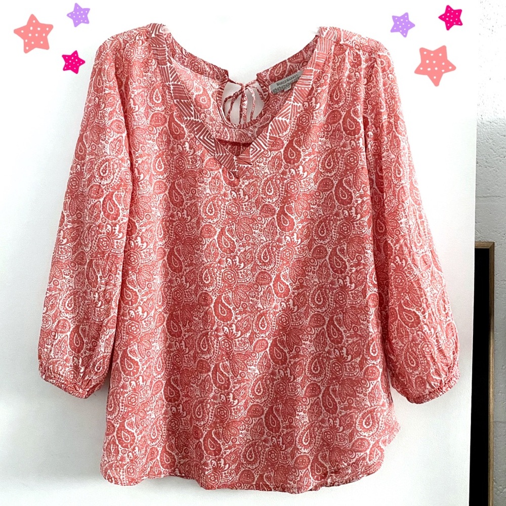 World Market paisley boho v-neck summer blouse, pink - Picture 1 of 9